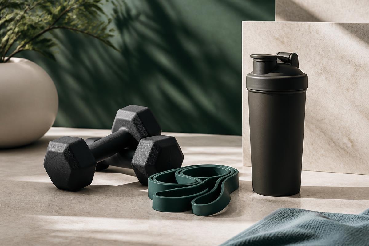 Hanteln, Widerstandsband und Shaker für Fitness und Performance