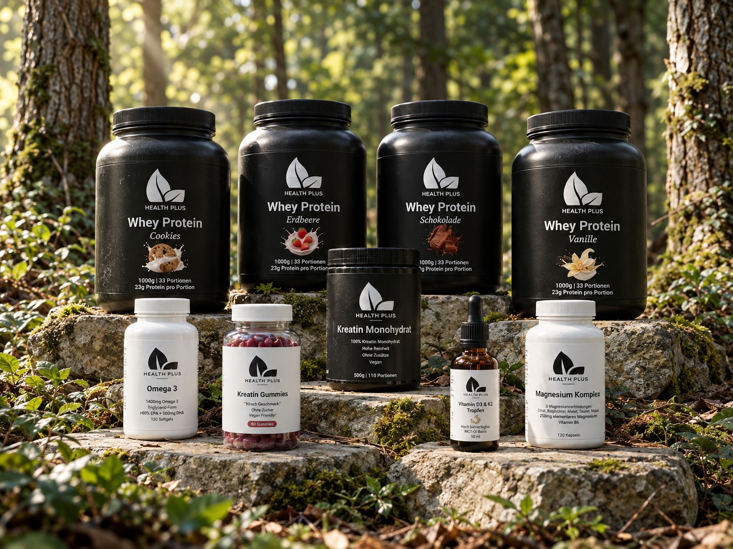 Das Health Plus Sortiment mit Kreatin, Whey Protein, Omega 3, Vitamin D3 und K2 sowie Magnesium in natürlicher Umgebung